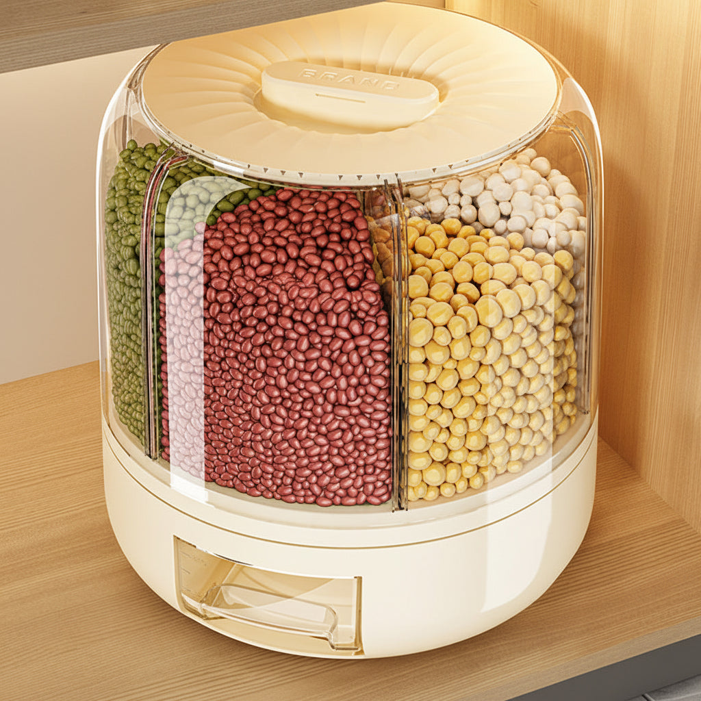 Rotating 6-Grid Food Dispenser with compartments on a wooden shelf