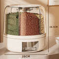 Container with compartments filled with green, brown, and beige beans on a marble surface.