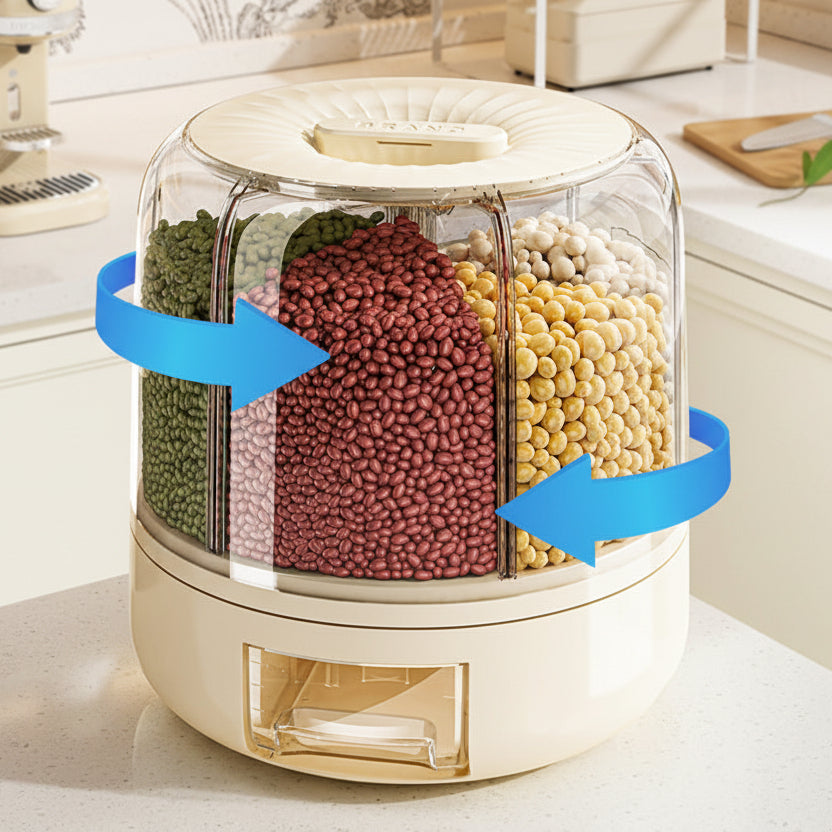 Rotating 6-Grid Food Dispenser with compartments for different types of grains on a kitchen counter.