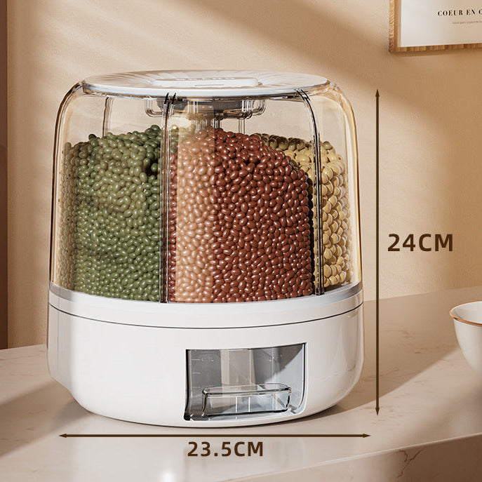 Rotating 6-Grid Food Dispenser with compartments filled with green, brown, and beige beads on a marble surface.