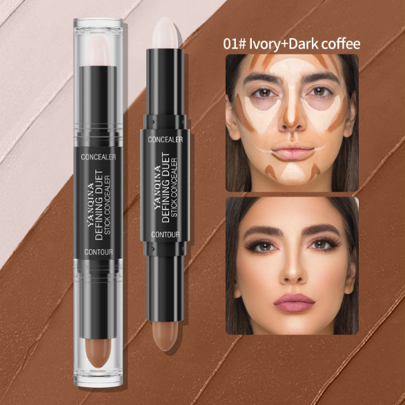 Two concealer sticks with a model showing color application on a brown background