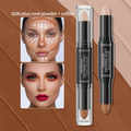 Two concealer sticks with a brown background and face comparisons showing makeup application.