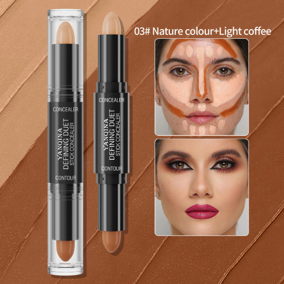 Two concealer sticks with a brown background and a close-up of a woman's face with makeup application.