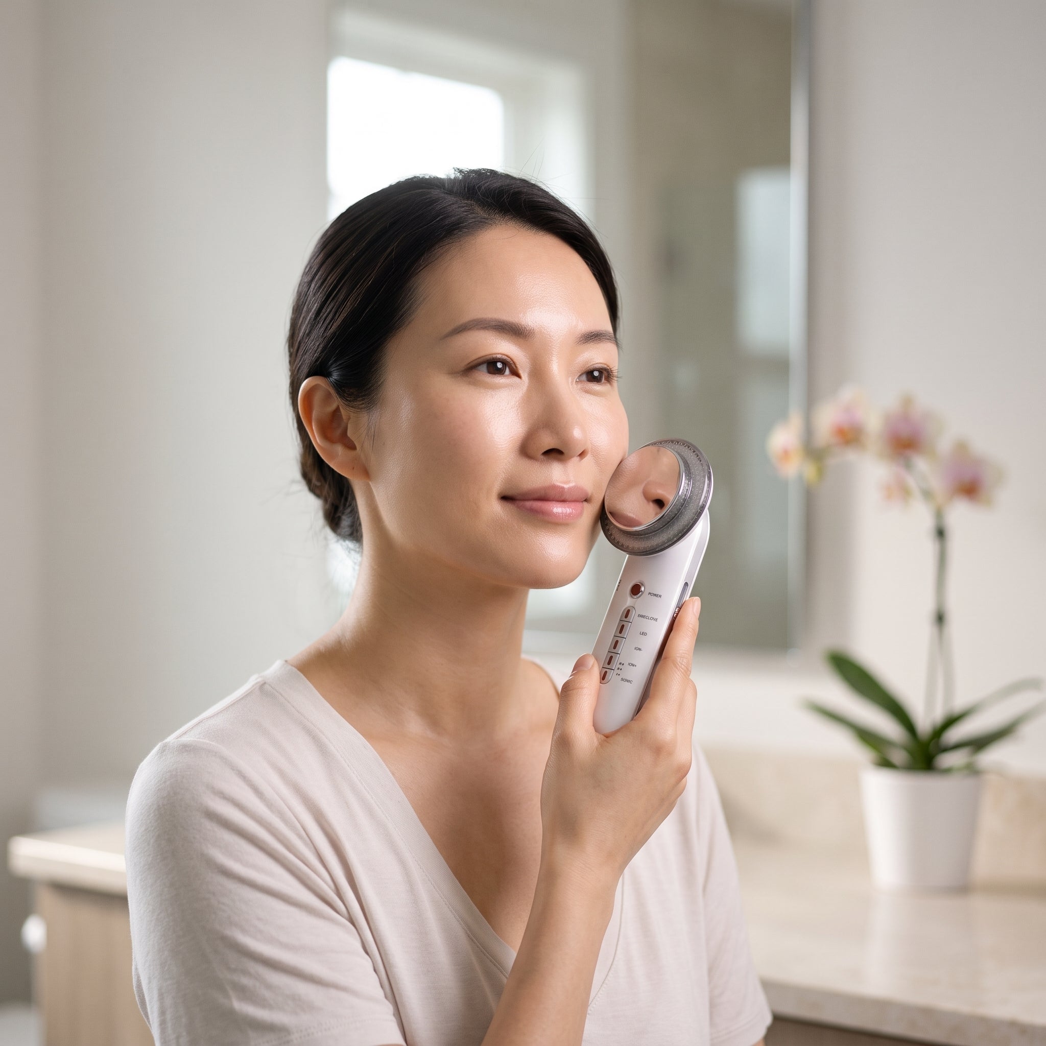 Studio photo of Six In One Beauty Instrument EMS Ion Ultrasonic LED Color Light Skin Care Device in lifestyle