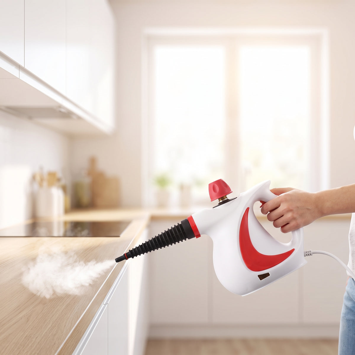 lifestyle: A NEW photorealistic photograph composed from scratch, capturing a bright, airy modern kitchen. White minimalist cabinetry and light wood countertops gleam under soft morning light streaming in from a large window. The environment evokes cleanliness and modern domesticity. The handheld steam cleaner is actively being used to clean a section of the countertop, with visible steam escaping from the nozzle. The product is held by a person in the lower-right third of the frame, angled slightly upward…