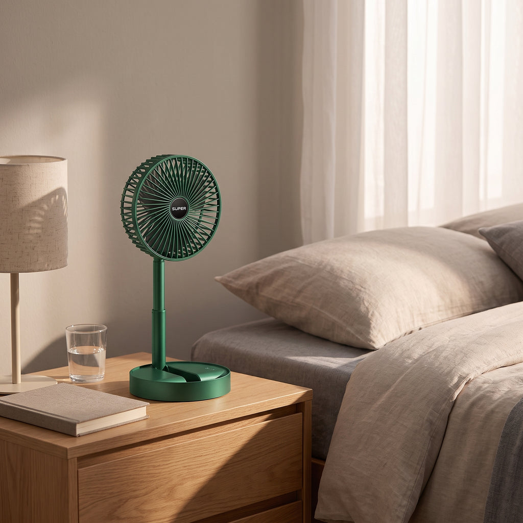 context: A NEW photorealistic photograph composed from scratch. The scene depicts a serene modern bedroom. The product stands on a light wooden nightstand next to a neatly made bed with neutral-toned linen. A book, a simple lamp, and a glass of water are also on the nightstand, contributing to a cozy ambiance. Warm, soft ambient light from an unseen window on the right filters gently through sheer curtains, creating subtle, elongated shadows. Photographed from a three-quarter angle using an 85mm portrait l…