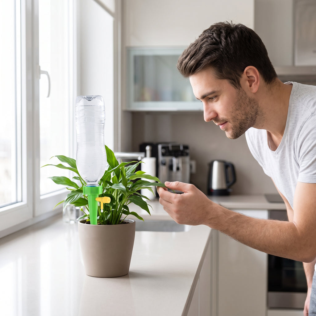 lifestyle: A NEW photorealistic photograph composed from scratch. A bright, airy modern kitchen with sleek countertops and abundant natural light from a nearby window, or a modern balcony with lush greenery. A healthy potted plant, with the product actively installed and a standard water bottle attached, is prominently displayed. A male model, viewed from a three-quarter angle with a wide 35mm lens and a balanced depth of field (f/5.6), is gently touching a leaf of the plant, indicating care. The light is…