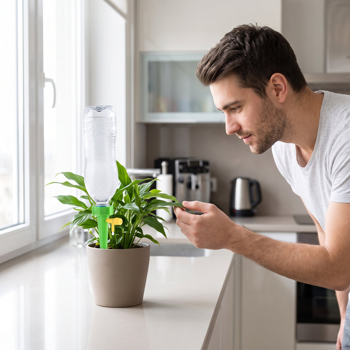 lifestyle: A NEW photorealistic photograph composed from scratch. A bright, airy modern kitchen with sleek countertops and abundant natural light from a nearby window, or a modern balcony with lush greenery. A healthy potted plant, with the product actively installed and a standard water bottle attached, is prominently displayed. A male model, viewed from a three-quarter angle with a wide 35mm lens and a balanced depth of field (f/5.6), is gently touching a leaf of the plant, indicating care. The light is…