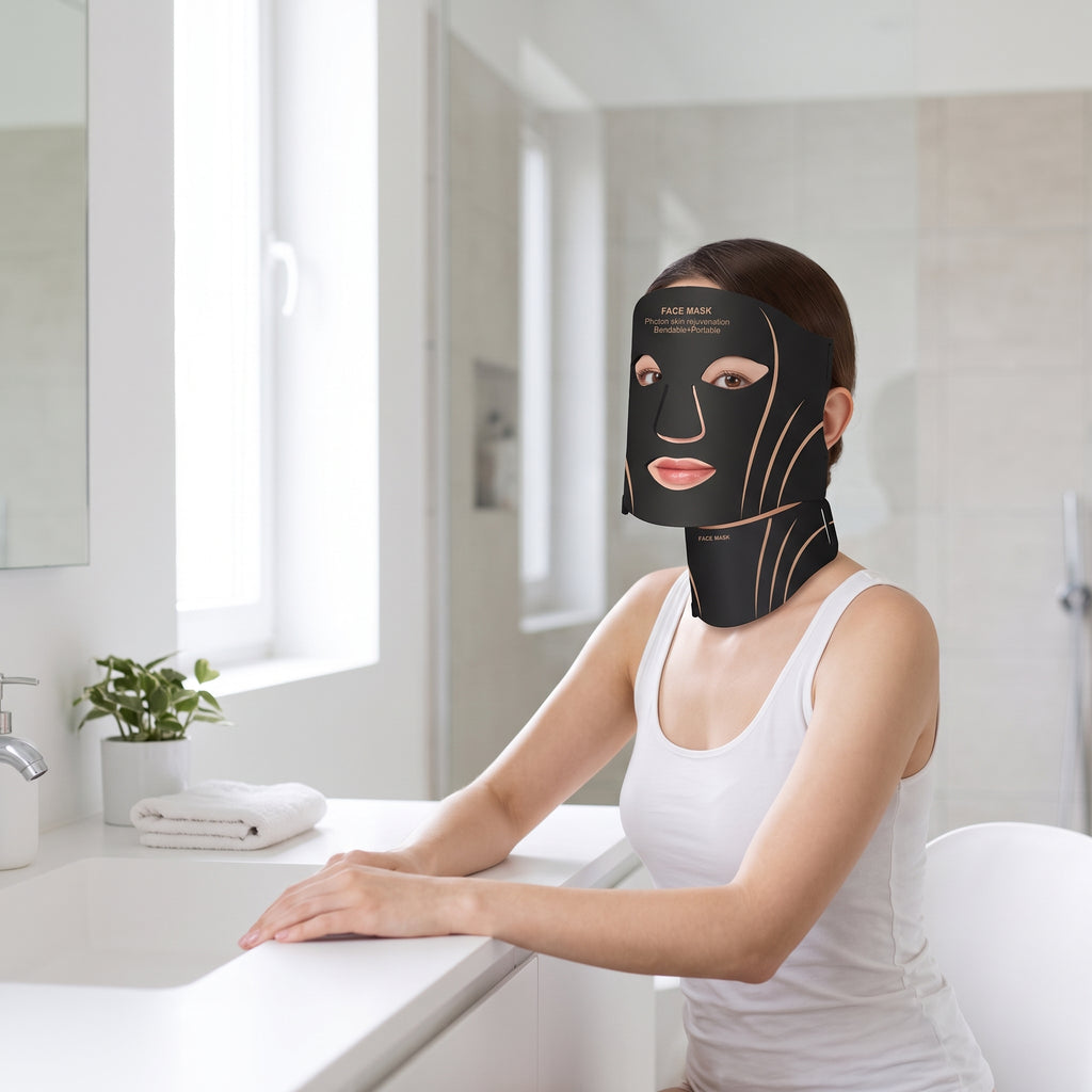 lifestyle: A NEW photorealistic photograph composed from scratch. A woman is seated at a minimalist vanity counter in a bright modern bathroom, illuminated by soft, diffused daylight from a large window to the left. The product is worn on her face, positioned slightly off-center to the right, occupying approximately 30% of the frame height. The composition is eye-level, using an 85mm portrait lens with a shallow depth of field (f/2.8) to softly blur the background. The mood is clean and relaxed.