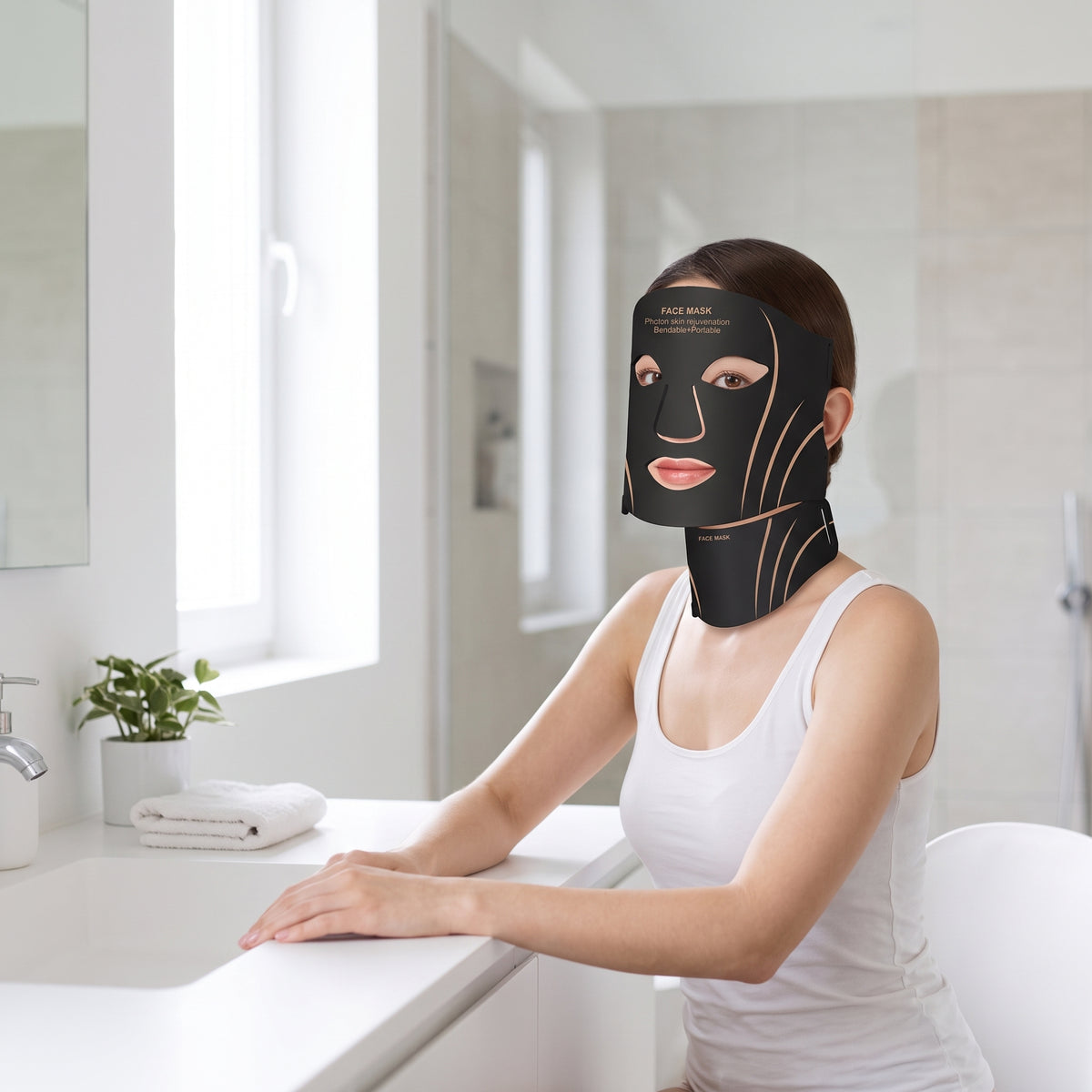 lifestyle: A NEW photorealistic photograph composed from scratch. A woman is seated at a minimalist vanity counter in a bright modern bathroom, illuminated by soft, diffused daylight from a large window to the left. The product is worn on her face, positioned slightly off-center to the right, occupying approximately 30% of the frame height. The composition is eye-level, using an 85mm portrait lens with a shallow depth of field (f/2.8) to softly blur the background. The mood is clean and relaxed.
