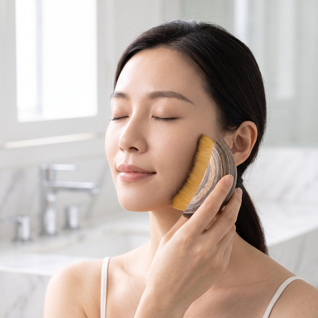lifestyle: A NEW photorealistic photograph composed from scratch. A female model, East Asian, in her 30s, with a slim build, is gently massaging her cheek with the product. She has her eyes softly closed, depicting a moment of self-care. The background features a clean, bright modern bathroom with white marble countertops and a minimalist faucet. Soft, diffused natural light from an unseen window bathes the scene from the upper-left, creating a fresh and radiant glow on her skin and the product. Captured a…