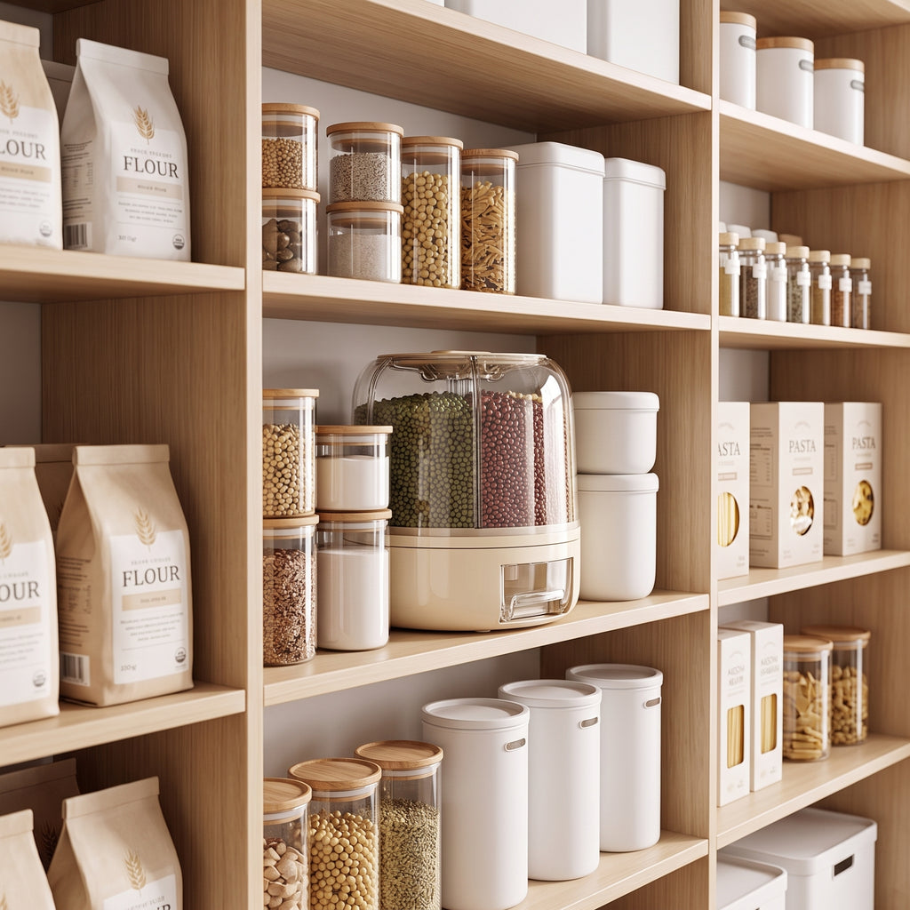 context: A new photorealistic photograph composed from scratch. A bright, inviting modern pantry featuring clean light wood shelves and various minimalist white and neutral-toned storage containers. The product is neatly placed on a middle shelf, seamlessly integrated among other dry goods and kitchen essentials, showcasing its role in an organized home. Photographed with an eye-level camera angle and a 35mm lens, employing a moderate depth of field f/5.6 to capture both the product and its surrounding env…