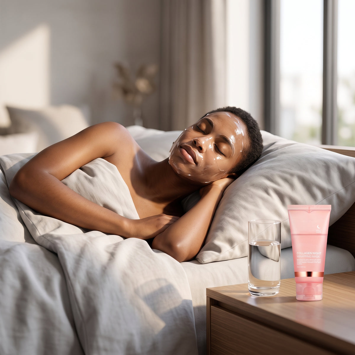 lifestyle: A NEW photorealistic photograph composed from scratch. A non-binary model, Black/African, in their 20s, is comfortably reclining on a plush, light grey duvet in a minimalist modern bedroom. Their face has the product mask evenly applied, eyes gently closed, suggesting relaxation. Soft, warm morning light streams in from a large window on the right, casting gentle shadows and highlighting the serene atmosphere. A small, elegant glass of water and the product tube are visible on a sleek wooden bed…