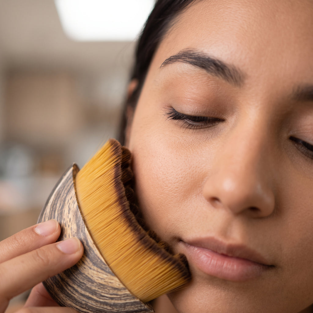 detail: A NEW photorealistic photograph composed from scratch. A female model, Latina/Hispanic, in her 20s, with an average build, has the product's curved head gently sweeping across her cheekbone. The focus is sharp on the ultra-soft bristles and how they conform to the skin's contours. The background is a soft, out-of-focus blur of warm, neutral tones, hinting at a modern home interior. Soft, diffused light comes from above, enhancing the texture of the bristles and the smoothness of the skin without ha…