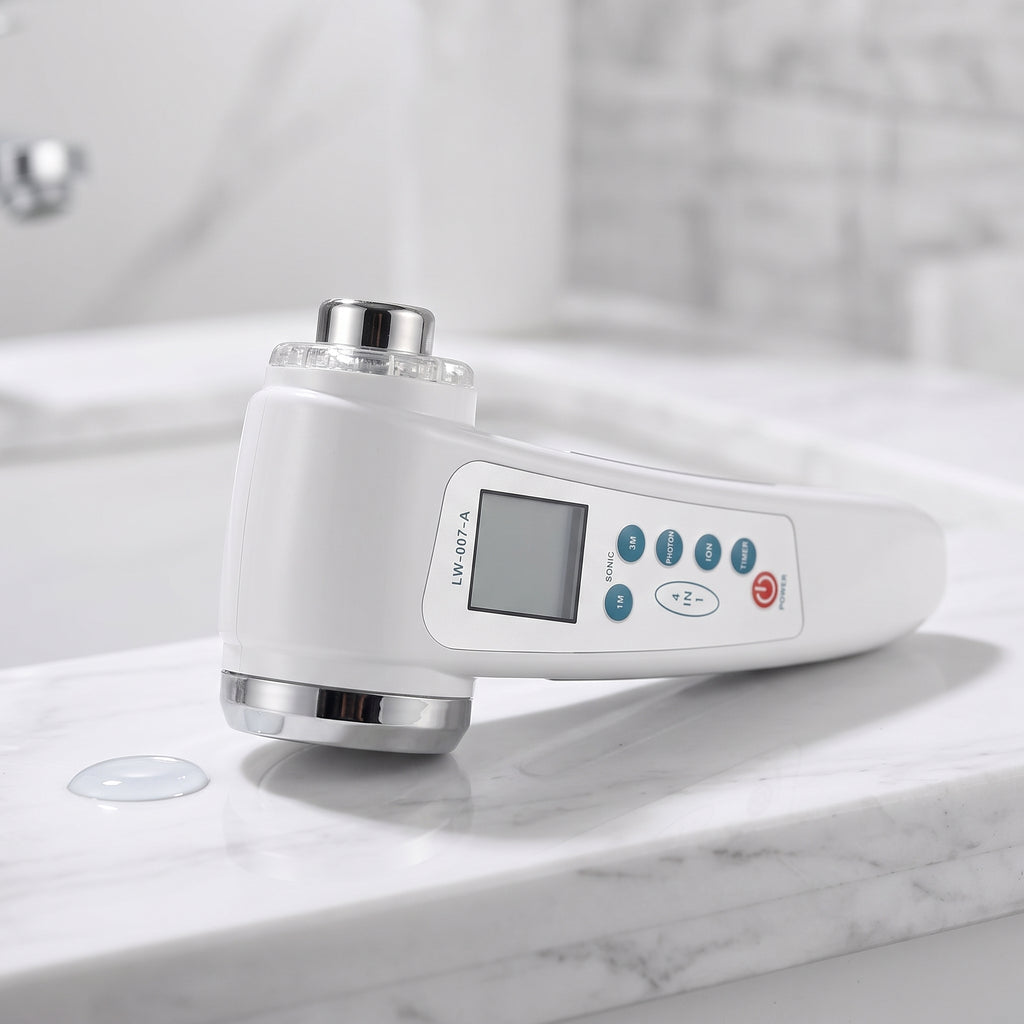 detail: A new photorealistic photograph, composed from scratch. The sleek, white instrument is resting horizontally on a smooth, white marble vanity surface. A single drop of water glistens near one of the metal heads. The background is a soft, clean blur of a bright, modern minimalist bathroom. Overhead, bright, even light illuminates the scene, casting subtle, soft shadows beneath the product, highlighting its form. Shot from a slightly low, macro angle with a 100mm macro lens, at a very shallow f/1.8 de…