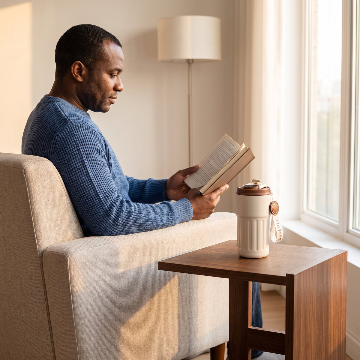 lifestyle: A NEW photorealistic photograph composed from scratch, capturing a serene moment in a bright modern living room. A male model, Black/African, in his 40s, with an average build, is seated comfortably on a light-colored armchair, reading a book. The smart cup is placed on a sleek, minimalist side table next to the armchair, with its temperature display facing the viewer. Soft, warm ambient light fills the room, suggesting a late afternoon glow from a nearby window. A simple, modern floor lamp stan…