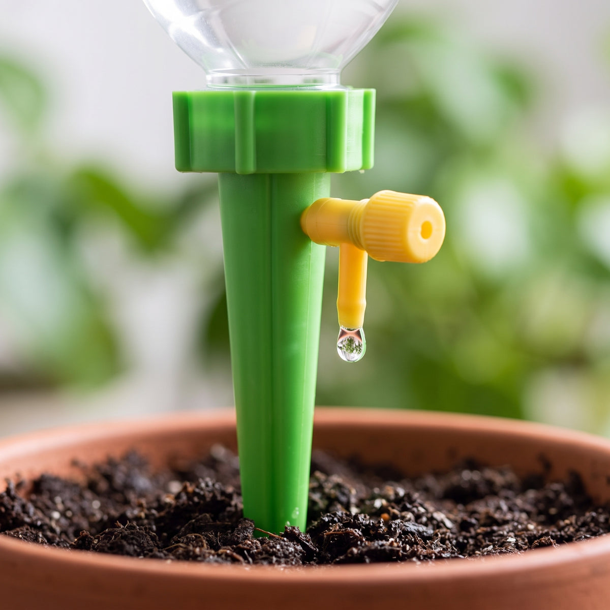detail: A NEW photorealistic photograph composed from scratch. A macro shot revealing the intricate details of the product. The product is firmly inserted into rich, dark soil within a natural terracotta plant pot, highlighted against a soft, out-of-focus background of green foliage in a bright indoor plant setting. A 100mm macro lens captures an intimate-closeup perspective, with an extremely shallow depth of field (f/1.8), focusing sharply on the adjustable flow control valve and a delicate water droplet…