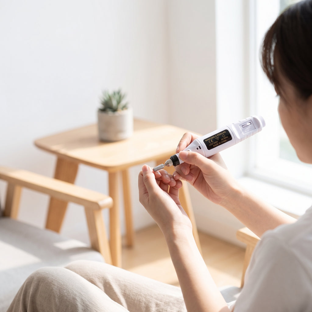 context: A new photorealistic photograph composed from scratch. The scene depicts a bright, minimalist modern living space with a clean white wall and a simple, stylish light-colored side table. A subtle potted plant is visible in the softly blurred background. A person is casually seated, holding the product, actively using it on their nails. The product is in the middle-left of the frame, resting on a knee or low table, occupying approximately 15% of the frame height as an integral part of the wider scen…