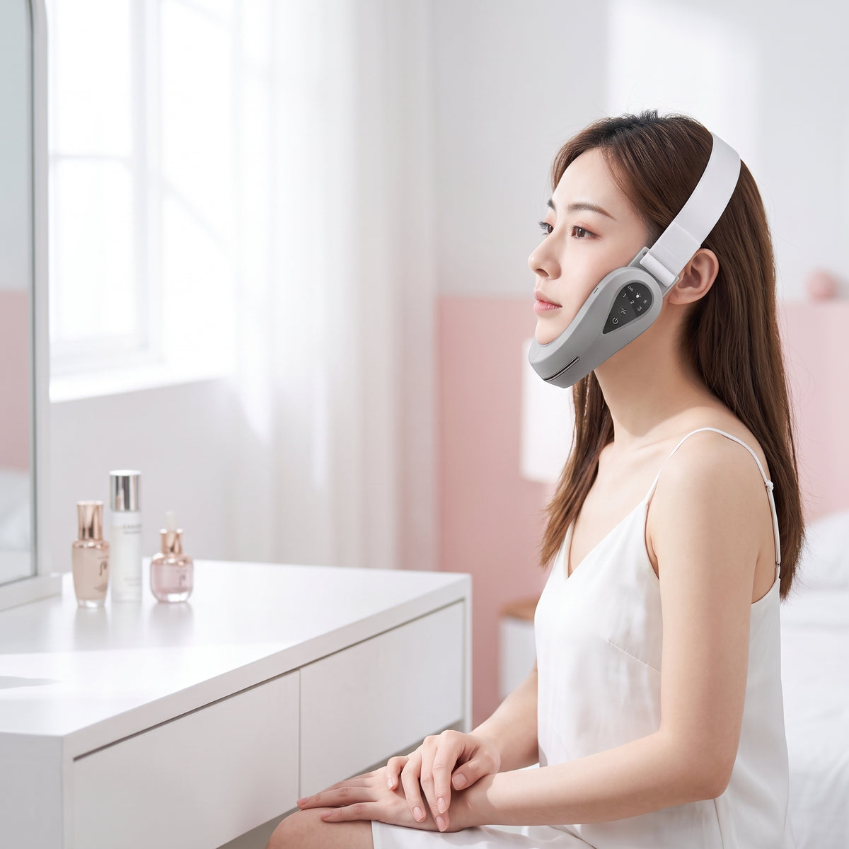 lifestyle: NEW photorealistic photograph composed from scratch. A female model in her 30s, of East Asian descent, is seated at a clean, white minimalist vanity counter in a bright modern bedroom. Soft, diffused morning light streams in from a window to the left, casting gentle shadows. The product is securely worn on her face, covering her chin and jawline area, with the adjustable strap visible around her head. Her hands are gently resting on her lap or near the device without obscuring it. The background…