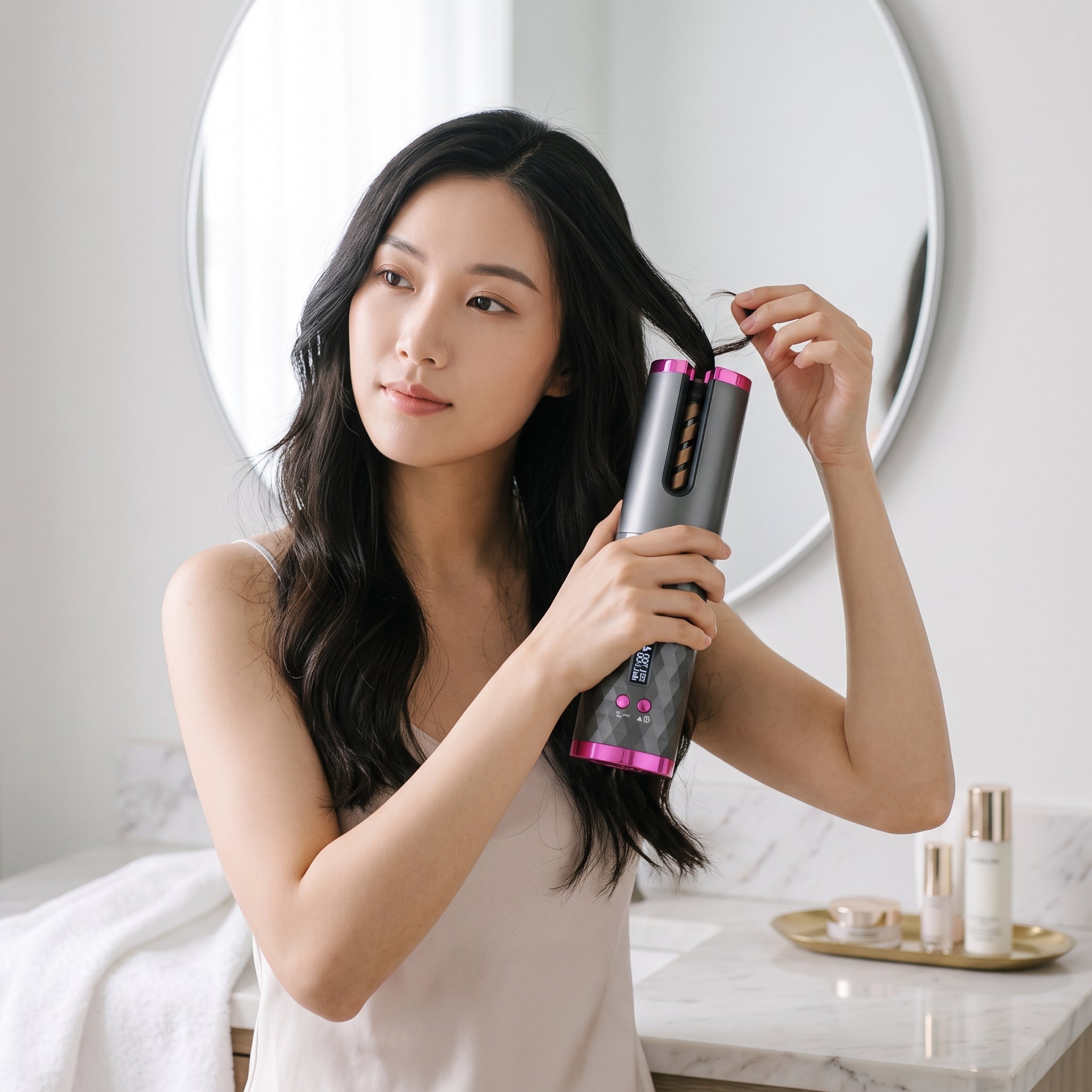 Studio photo of Rechargeable Automatic Hair Curler For Women With LCD Display Ceramic Rotating in lifestyle
