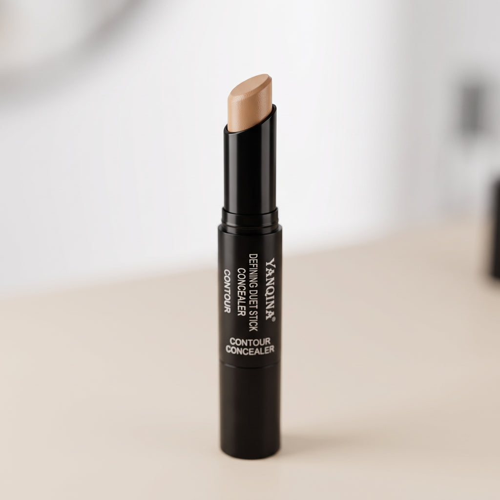 detail: A NEW photorealistic photograph composed from scratch. The dual-ended product stands vertically on a smooth, pale beige minimalist vanity counter. The focus is on the angled tip of the product, revealing its creamy texture. The background is a softly blurred, clean white wall, hinting at a modern aesthetic. The product is positioned centrally, filling approximately three-quarters of the frame height. Captured with a 100mm macro lens, an extremely shallow f/1.8 depth of field isolates the product's…