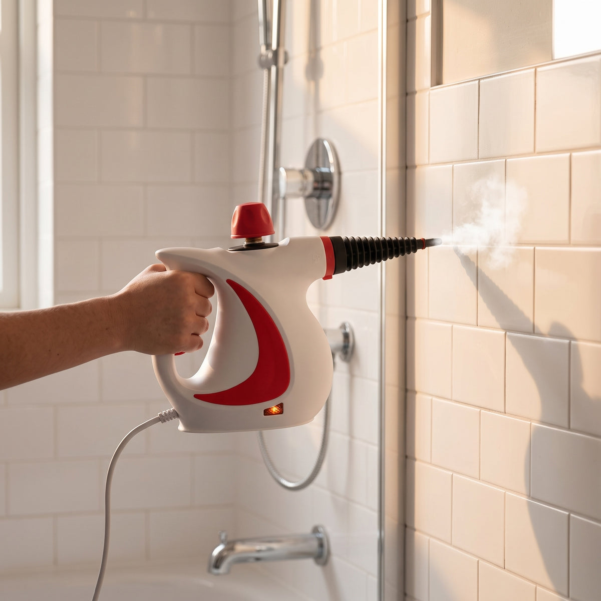 lifestyle: A NEW photorealistic photograph composed from scratch, depicting a clean, minimalist modern bathroom. White subway tiles cover the walls, contrasting with brushed chrome fixtures. Warm, golden hour light streams in from a side window, casting soft, inviting shadows across the scene. The handheld steam cleaner is actively cleaning grout lines on the wall. The product is held by a person in the mid-left of the frame, angled slightly down, occupying about 25% of the frame width. This is a low, thre…