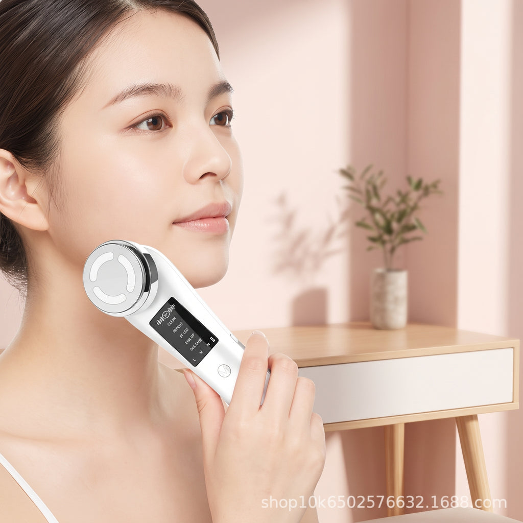 lifestyle: A NEW photorealistic photograph. A person with a calm expression is using the beauty device on their jawline, captured in a bright, modern bedroom vanity setting. The background features a simple, pale pink wall and a sleek, light-wood vanity table with a subtle, out-of-focus plant. Gentle, warm afternoon light softly illuminates the scene from the right, creating a serene and inviting mood. The beauty device is in active use, gently gliding along the subject's lower face. The camera is at a sli…