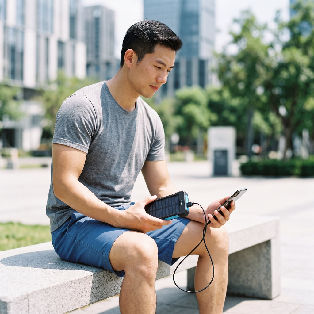 lifestyle: A new photorealistic photograph composed from scratch. A male person of East Asian ethnicity in their 30s, with an athletic build, is sitting relaxed on a minimalist concrete park bench in a sunny urban park. He is holding the power bank in one hand, while a charging cable connects it to a modern smartphone in his other hand. Bright, natural overhead sunlight illuminates the scene, casting soft, defined shadows. The background features blurred modern architecture and green foliage. Shot at eye-l…