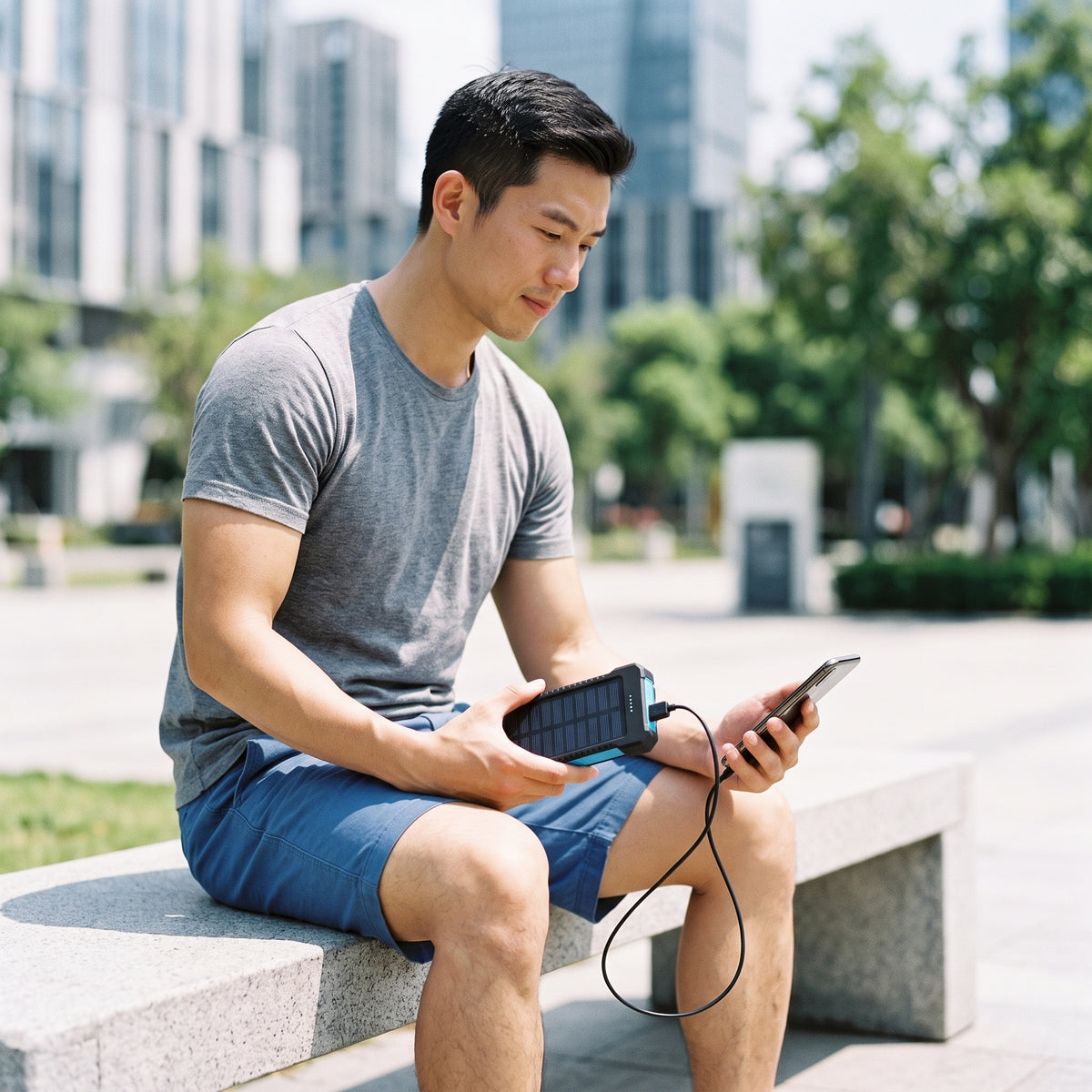 lifestyle: A new photorealistic photograph composed from scratch. A male person of East Asian ethnicity in their 30s, with an athletic build, is sitting relaxed on a minimalist concrete park bench in a sunny urban park. He is holding the power bank in one hand, while a charging cable connects it to a modern smartphone in his other hand. Bright, natural overhead sunlight illuminates the scene, casting soft, defined shadows. The background features blurred modern architecture and green foliage. Shot at eye-l…