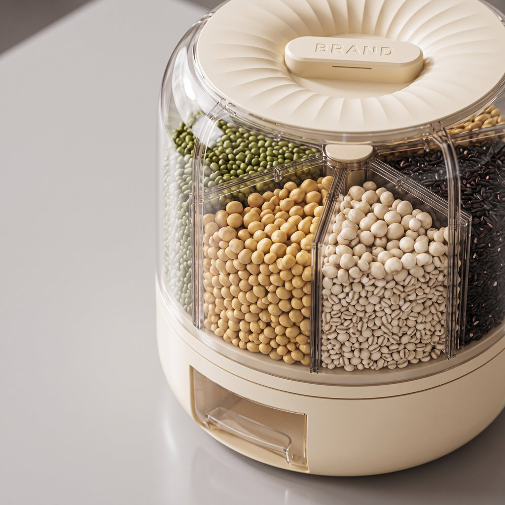 detail: A new photorealistic photograph composed from scratch. A close-up view of the product resting on a clean, smooth, light grey kitchen island surface with a subtle, soft reflection. The upper transparent section of the product reveals six distinct compartments, each filled with different types of dry goods, such as various grains and cereals. Photographed with a slightly overhead macro camera angle and a 100mm macro lens, using a very shallow depth of field f/1.8 to isolate the product details. Diffu…
