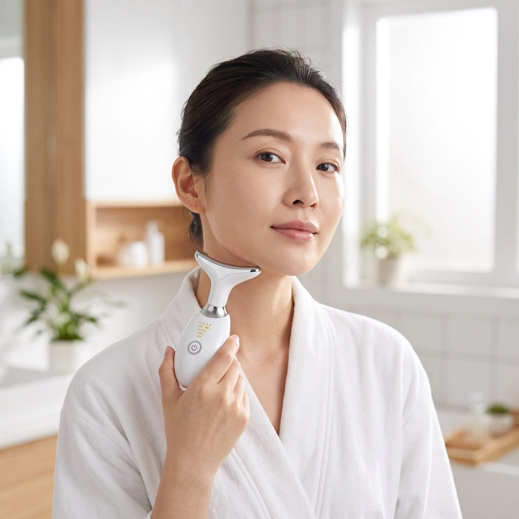 lifestyle: A NEW photorealistic photograph composed from scratch. The scene is a bright, minimalist modern bathroom with white and light wood finishes. The morning sun streams through a frosted window, casting soft, clean light onto a woman, East Asian, in her 30s, with her hair pulled back, who is using the product. The product is held by the woman and positioned on the left side of her neck, angled slightly towards the camera, occupying about 20% of the frame width. Shot at eye-level with a 50mm lens, sh…