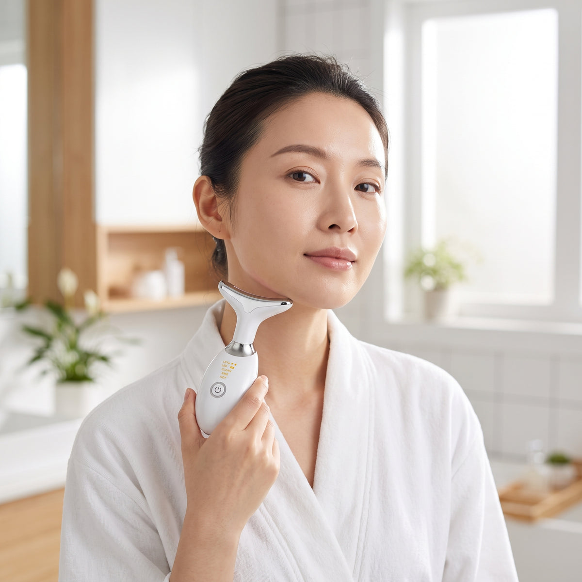 lifestyle: A NEW photorealistic photograph composed from scratch. The scene is a bright, minimalist modern bathroom with white and light wood finishes. The morning sun streams through a frosted window, casting soft, clean light onto a woman, East Asian, in her 30s, with her hair pulled back, who is using the product. The product is held by the woman and positioned on the left side of her neck, angled slightly towards the camera, occupying about 20% of the frame width. Shot at eye-level with a 50mm lens, sh…