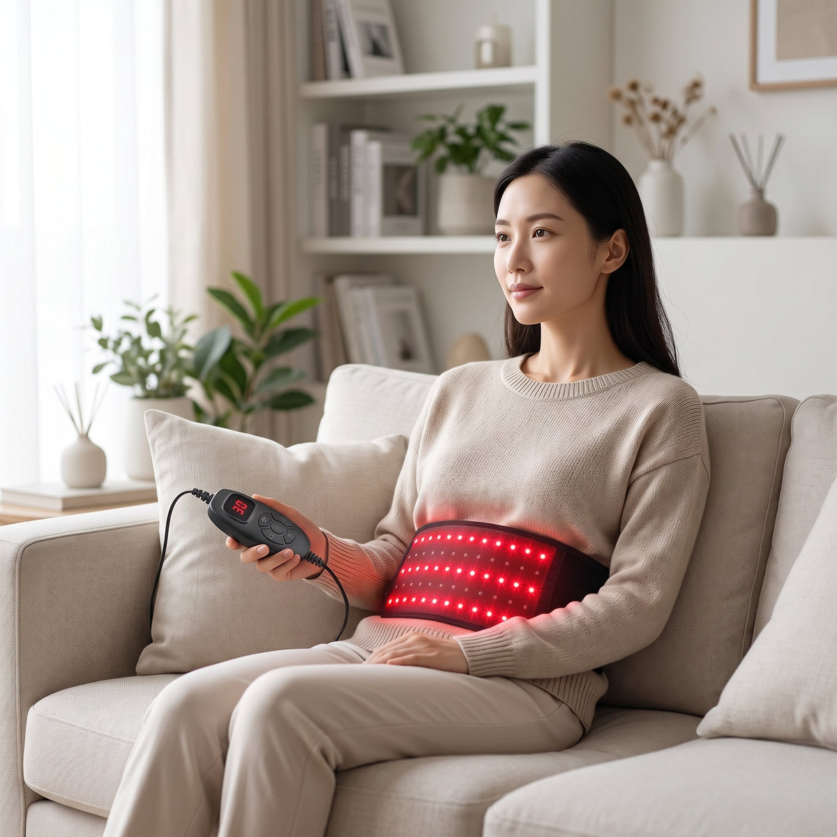 lifestyle: A new photorealistic photograph composed from scratch. A modern living room bathed in soft, diffused natural light coming from a large window off-frame to the left. A comfortable, light-colored sofa occupies the mid-ground. A female model with East Asian features, in her 30s, with a lean build, is seated comfortably on the sofa, gently resting. The product is worn around her waist, with the controller held in her hand. Shot at eye-level with a 50mm lens, a shallow depth of field at f/2.8. The co…