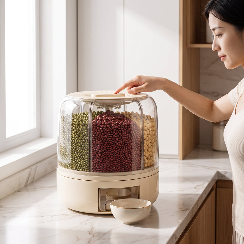 lifestyle: A new photorealistic photograph composed from scratch. A bright, airy modern kitchen counter made of light marble, with minimalist white cabinets and natural wood accents in the background. The product is positioned centrally on the countertop. A female model of East Asian ethnicity, in her 30s with a slender build, is seen from a three-quarter angle, her hand gently pressing the button on the top of the product to dispense dry goods into a small, elegant ceramic bowl placed beneath. Soft, brigh…