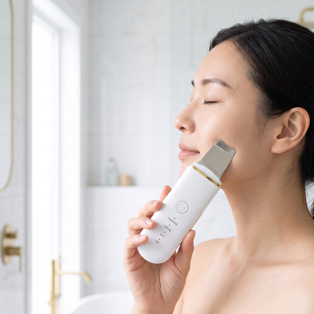 lifestyle: A NEW photorealistic photograph. A serene, bright modern bathroom with sleek white tiles and subtle gold fixtures. The scene is bathed in soft, diffused natural light coming from a large window to the left, creating a clean and fresh atmosphere. An East Asian woman in her 30s, with a clear complexion, is shown in profile from the shoulders up, holding the product in her right hand, with its stainless steel touchpoint gently in contact with her cheek. Her eyes are softly closed, conveying a momen…