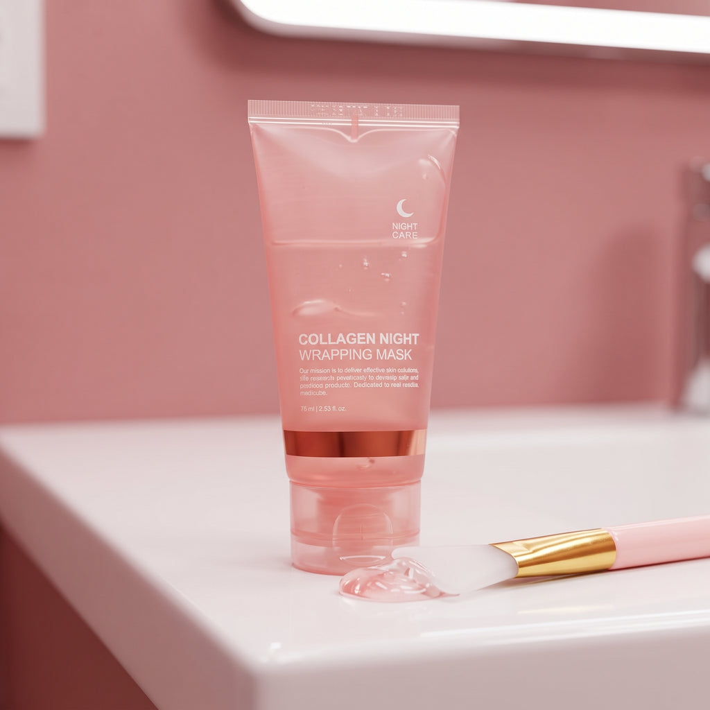 detail: A NEW photorealistic photograph composed from scratch. A detail shot of the product tube, slightly squeezed to reveal a small amount of the mask's texture, resting next to its clean applicator brush. Both are positioned on a smooth, minimalist white ceramic vanity surface, reflecting the bright ambient light. The background is a soft, out-of-focus modern bathroom wall in a complementary soft pink tone. Bright, diffused light from overhead gently illuminates the scene, highlighting the subtle sheen…