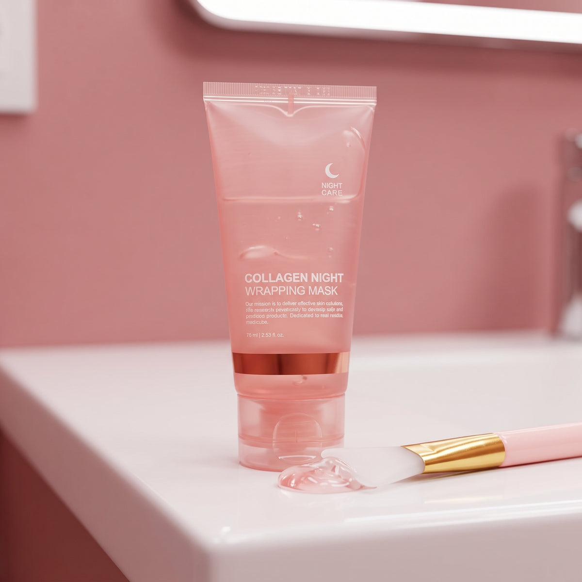 detail: A NEW photorealistic photograph composed from scratch. A detail shot of the product tube, slightly squeezed to reveal a small amount of the mask's texture, resting next to its clean applicator brush. Both are positioned on a smooth, minimalist white ceramic vanity surface, reflecting the bright ambient light. The background is a soft, out-of-focus modern bathroom wall in a complementary soft pink tone. Bright, diffused light from overhead gently illuminates the scene, highlighting the subtle sheen…