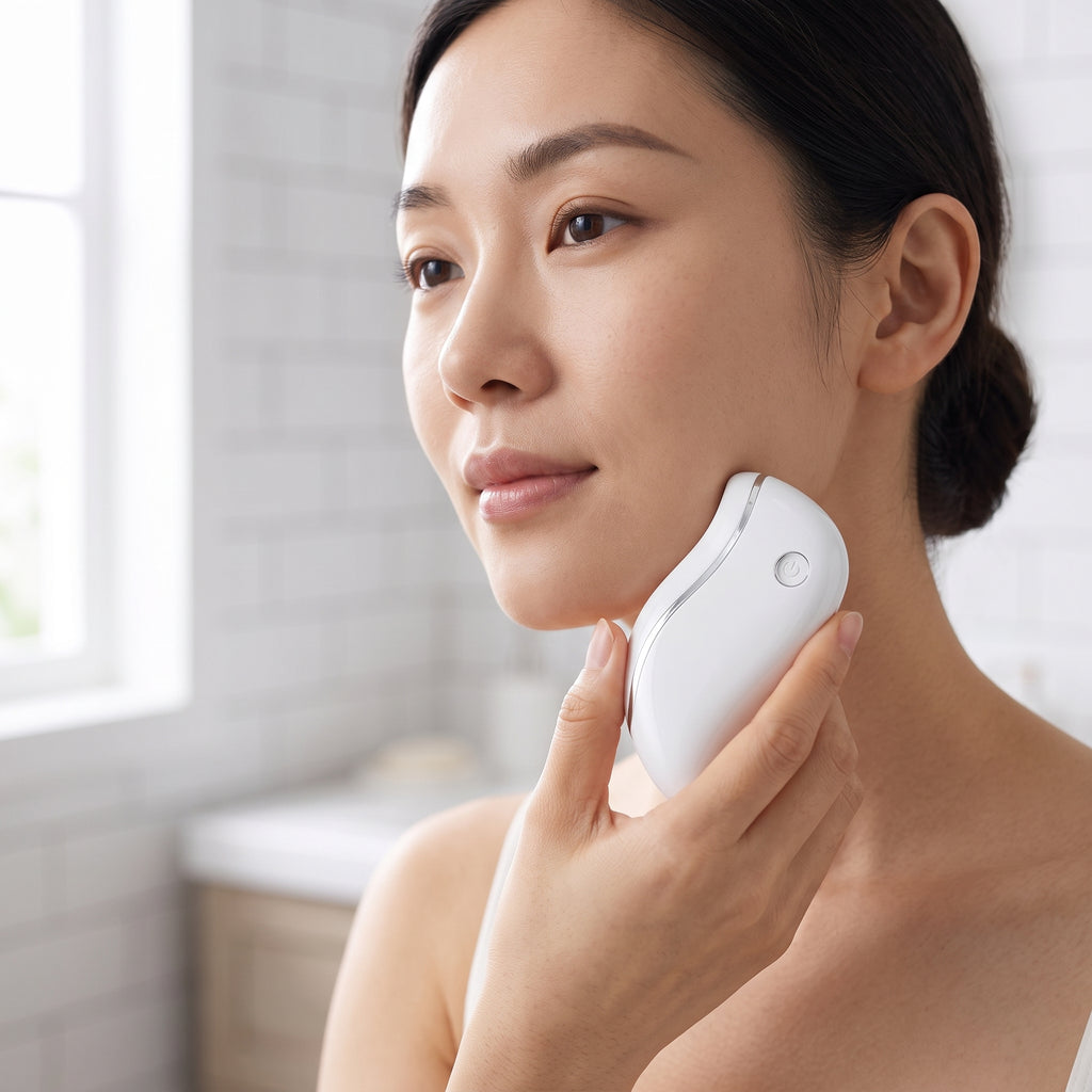 lifestyle: A NEW photorealistic photograph composed from scratch. The scene features a bright, modern bathroom with sleek, white tiled walls and a pristine vanity counter. Soft, diffused natural light streams in from a large window on the left, illuminating the space evenly. A female model, East Asian, in her 30s, is shown from the chest up, her head slightly tilted, as she gently glides the product along her jawline. Her hand holds the device, with focus on the subtle motion. The background is softly blur…
