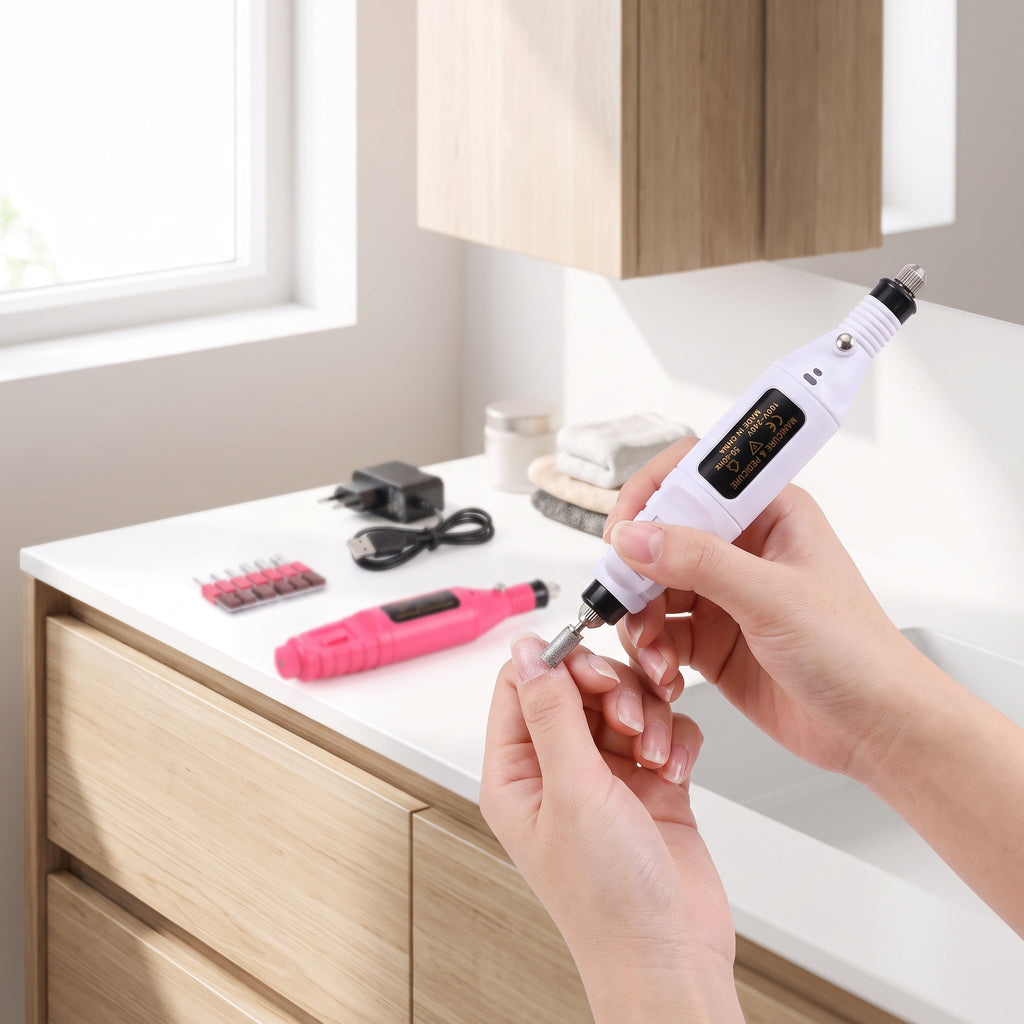 lifestyle: A new photorealistic photograph composed from scratch. The scene features a bright, minimalist modern bathroom vanity with light wood cabinetry and a clean white countertop. Natural light streams in from a large window on the left, creating soft, even illumination. A person's hands are holding the product, actively using it to shape a nail. The product is positioned in the lower-right third of the frame, angled slightly upwards, with the bit clearly in action on the nail. An eye-level shot with…