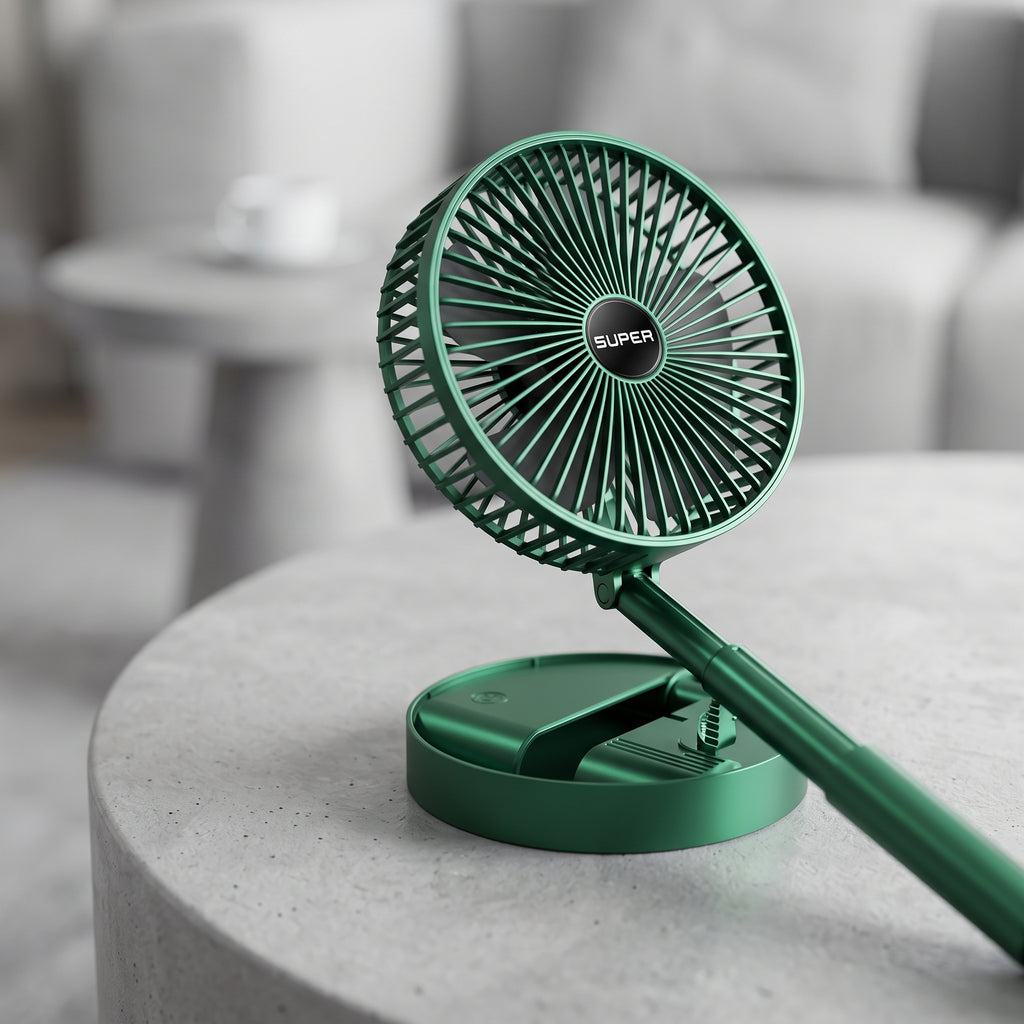 detail: A NEW photorealistic photograph composed from scratch. The scene is a bright, modern living area with the product resting on a smooth, light gray concrete side table. The product is slightly unfolded, showcasing its unique telescopic rod design and folding mechanism. Soft, even overhead light illuminates the product, creating subtle specular highlights on its surfaces. Captured with a 100mm macro lens from a low angle looking slightly upwards, utilizing an extremely shallow depth of field at f/1.8.…