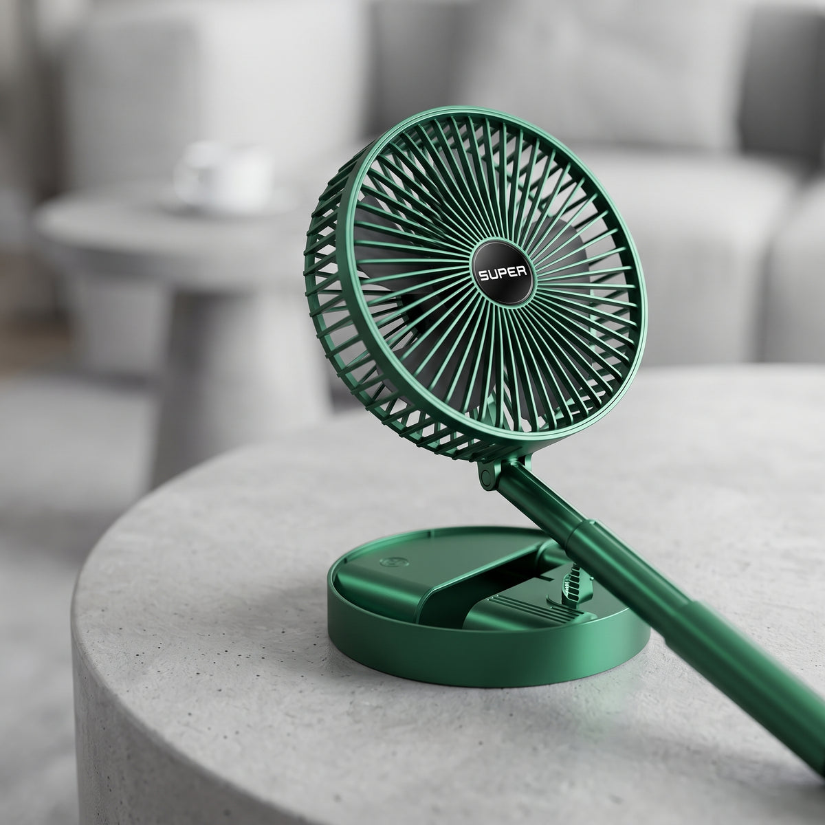 detail: A NEW photorealistic photograph composed from scratch. The scene is a bright, modern living area with the product resting on a smooth, light gray concrete side table. The product is slightly unfolded, showcasing its unique telescopic rod design and folding mechanism. Soft, even overhead light illuminates the product, creating subtle specular highlights on its surfaces. Captured with a 100mm macro lens from a low angle looking slightly upwards, utilizing an extremely shallow depth of field at f/1.8.…