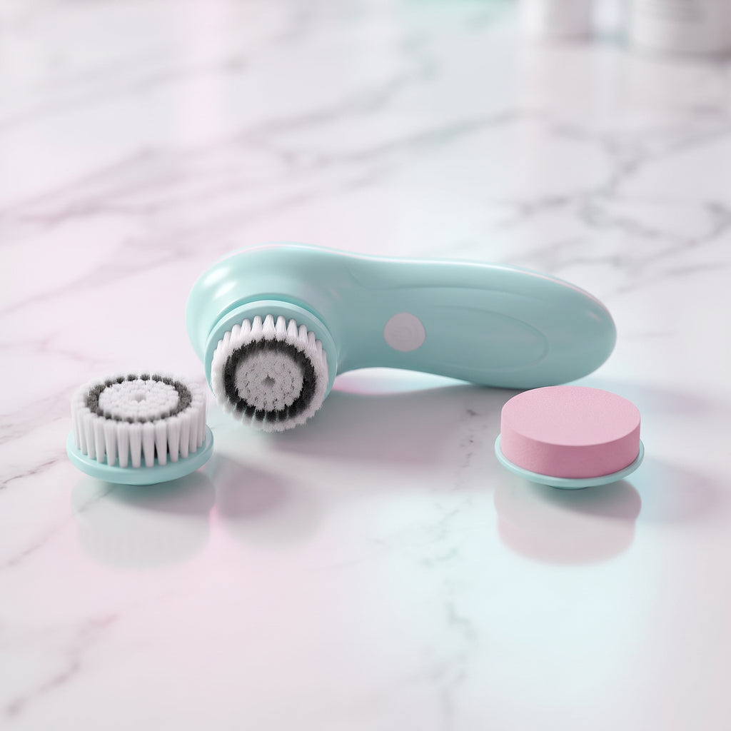 detail: A NEW photorealistic photograph composed from scratch. A pristine, brightly lit white marble countertop, with a soft, pastel pink and aqua color palette. The product lies horizontally on the surface, with its interchangeable brush head detached and placed beside it, and the sponge attachment also visible nearby. The device is positioned prominently in the center of the frame, filling approximately 60% of the frame width. Shot from a slightly overhead macro camera angle with a 100mm macro lens, a ve…