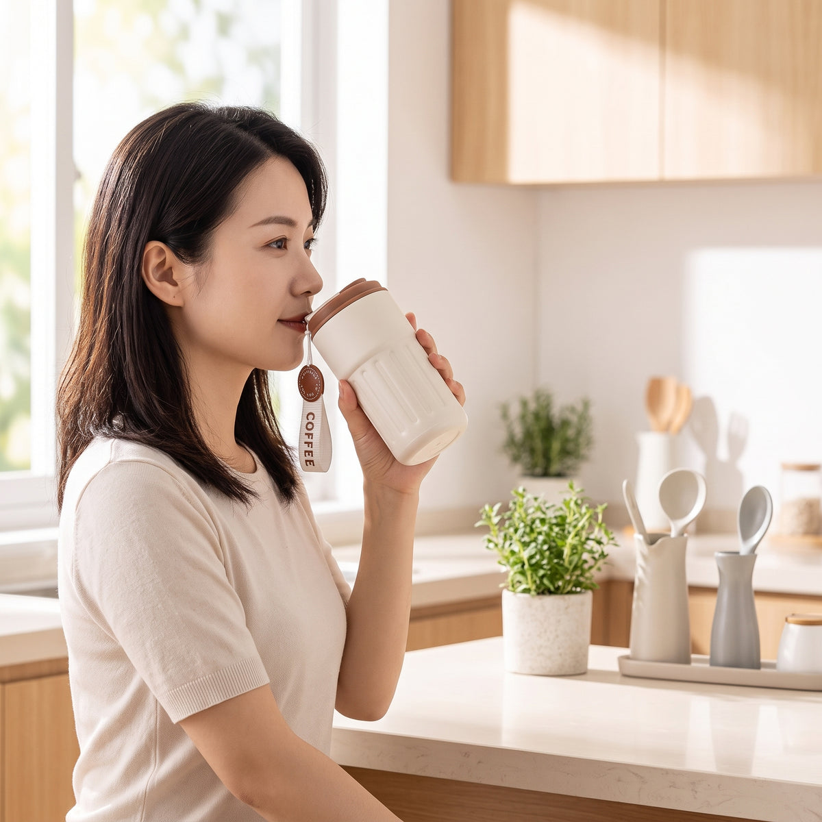 lifestyle: A NEW photorealistic photograph composed from scratch, depicting a bright and airy modern kitchen. Sunlight streams in from a large window on the left, casting soft, warm light across a light-colored countertop. A female model, East Asian, in her 30s, with an average build, holds the smart cup in her right hand, bringing it towards her lips as if to take a sip. The cup's display is clearly visible. In the background, a few minimalist kitchen utensils and a potted plant add a touch of life. Shot…