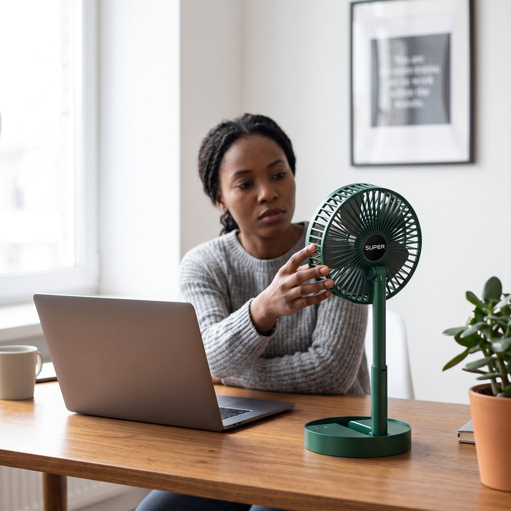 lifestyle: A NEW photorealistic photograph composed from scratch. The scene is a bright, minimalist home office. A wooden desk is bathed in soft, diffused natural light from a large window on the left. On the desk, the product stands upright to the right of an open laptop, positioned in the mid-ground. A Black/African female in her 30s, casually dressed, is seated at the desk, with her hand gently adjusting the product. Camera is eye-level, using a 50mm lens with a shallow depth of field at f/2.8. Composit…