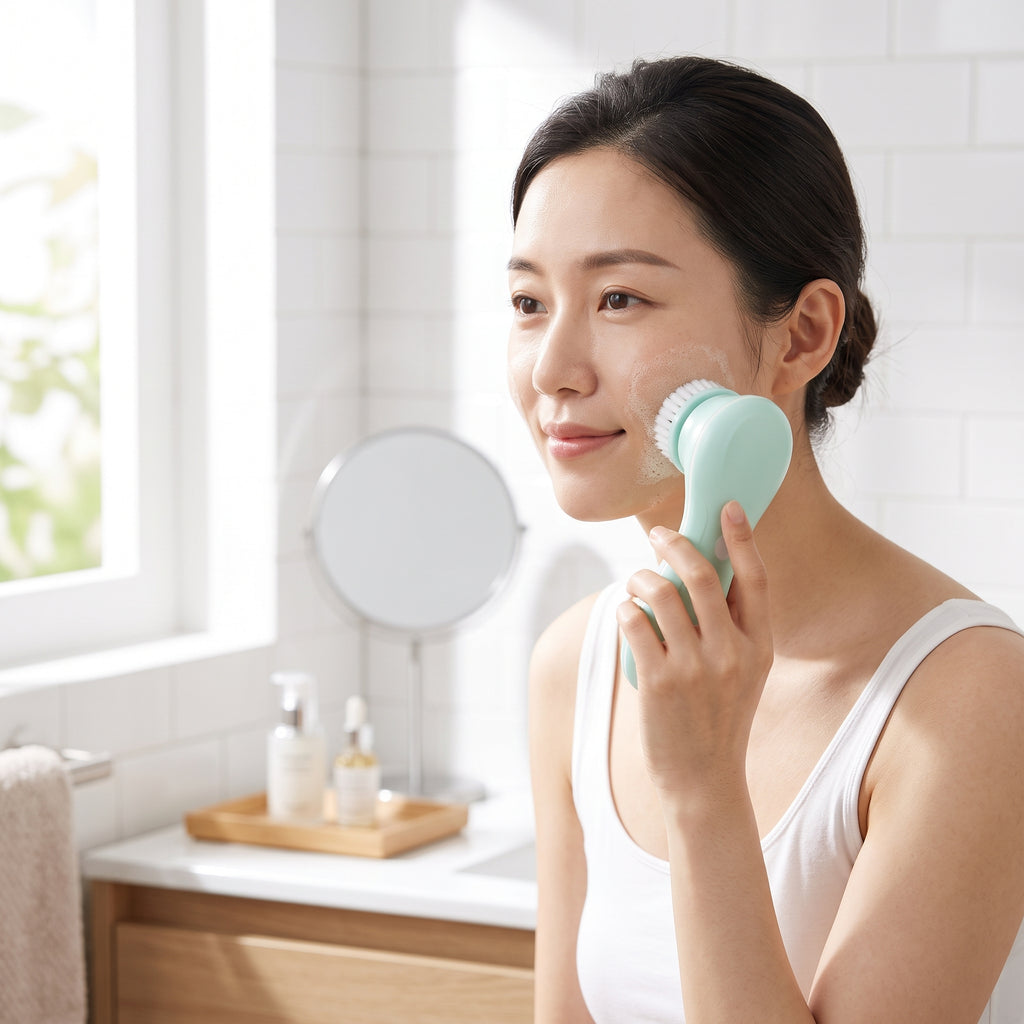 lifestyle: A NEW photorealistic photograph composed from scratch. A bright, airy modern bathroom with white and light wood finishes. Morning light streams in from a window to the left, casting soft, even illumination across a minimalist vanity. An East Asian woman in her 30s is gently cleansing her face with the product, holding it naturally in her hand. Her face is slightly turned towards the camera, showing the product in use. The product is positioned in the lower-right third of the frame, occupying app…