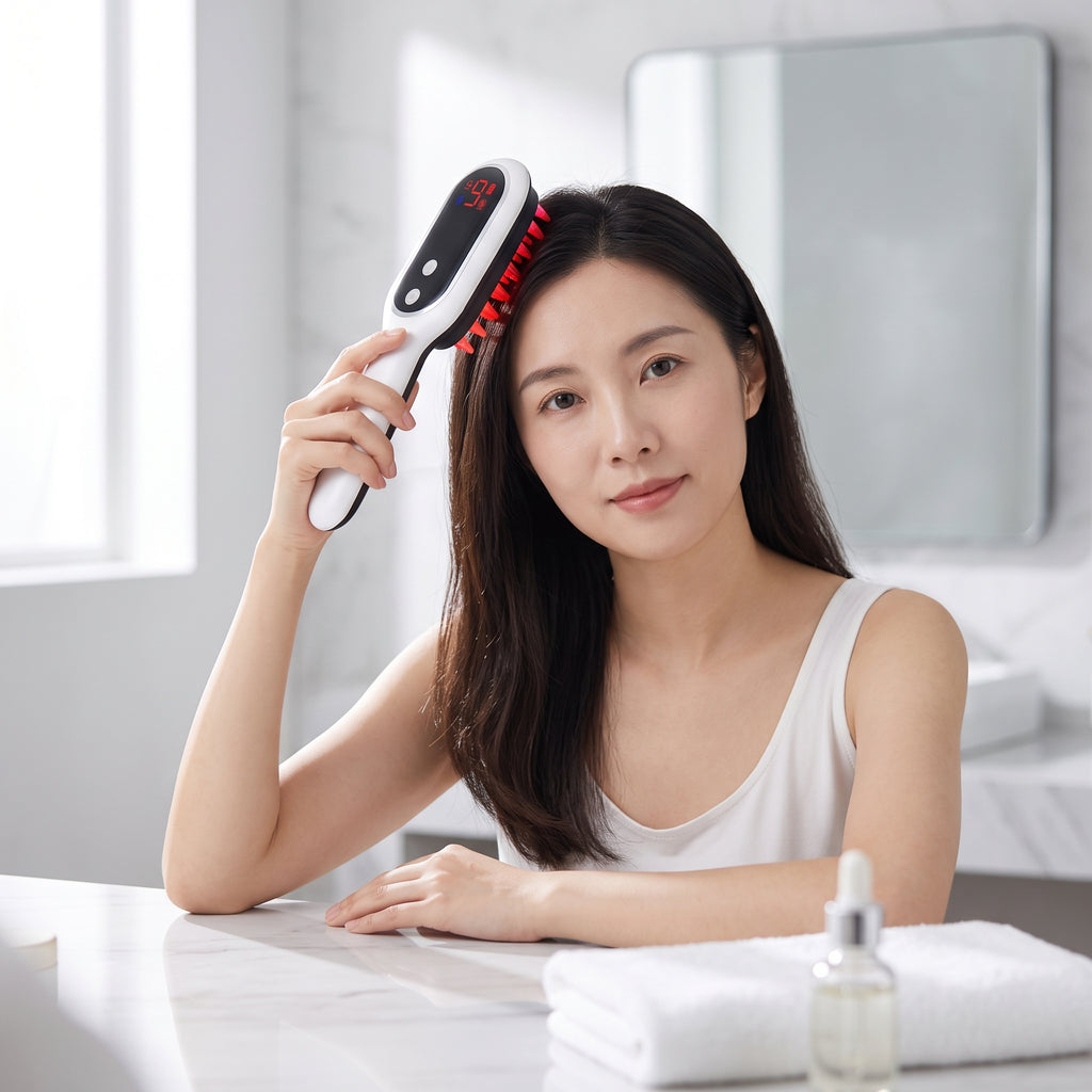 Studio photo of Electric Head Massager Magnetic Therapy Hair Growth Comb Blue Red Light LED in lifestyle