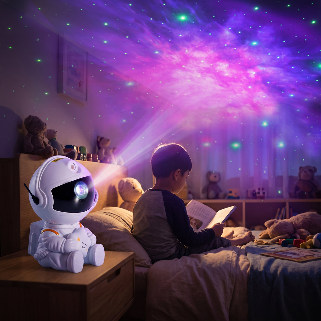 Studio photo of Mini Astronaut Star Projection Lamp Night Light Colorful Nebula Projector in lifestyle