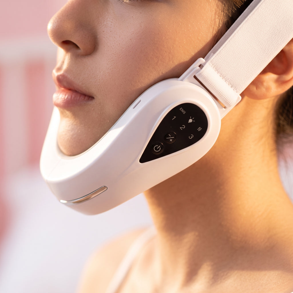 detail: NEW photorealistic photograph composed from scratch. An intimate close-up on the lower face and neck of a female model in her 20s, of Latina/Hispanic descent. The product is worn on her face, covering the chin and jawline area, with the adjustable strap secured around her head, visible but softly blurred. The focus is on the product's interaction with the skin and the subtle details of its design, like the texture of the strap. The background is a very shallow depth of field, rendering a clean, sof…