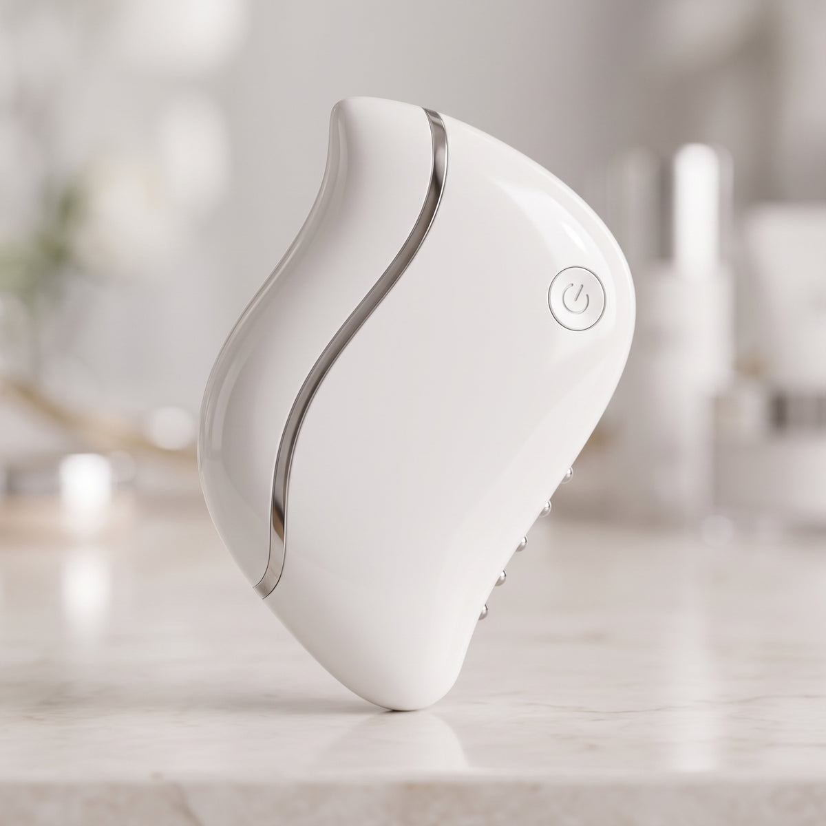 detail: A NEW photorealistic photograph composed from scratch. The scene presents the product resting on a clean, minimalist vanity counter, reflecting soft light. The lighting is clean, even, and soft from above, highlighting the contours and texture of the device's surface. The product is angled slightly to reveal its ergonomic curved edge and the subtle details of its microcurrent nodes. No hands or models are present. The camera uses a 100mm macro lens with a very shallow depth of field at f/1.8, creat…