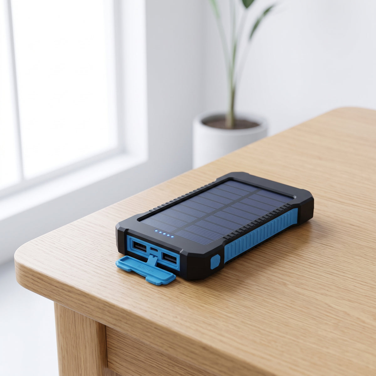 context: A new photorealistic photograph composed from scratch. The power bank is positioned on a smooth, light oak wood desk in a sun-drenched, bright modern home office. A single, minimalistic potted plant sits subtly in the background. Soft, diffused natural light streams in from a large window to the left, creating gentle highlights and minimal shadows. The walls are a pristine white, and the overall mood is serene and clean. Captured from a three-quarter overhead angle with a 35mm lens, a balanced dep…